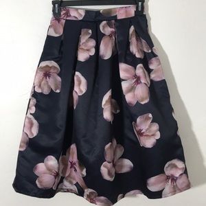 Navy floral below the knee pleated midi skirt